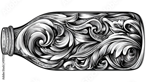 Intricate bottle illustration with ornamental floral design in black and white
