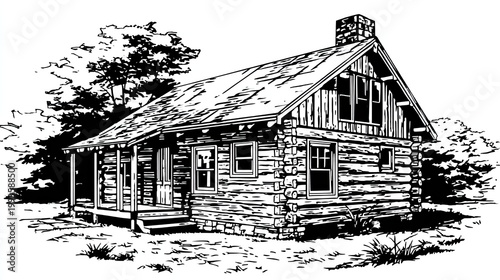 Rustic cabin illustration detailed wood texture and exterior design
