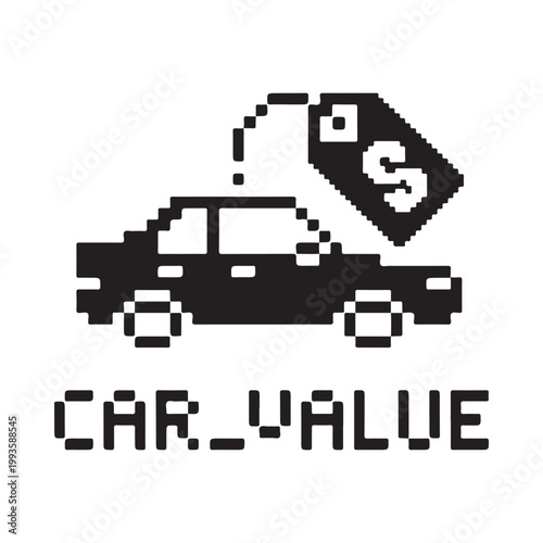 Pixelated car with a price tag hovering above displaying a dollar sign