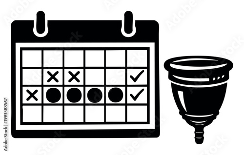 Image of a calendar displaying menstrual cycle markings and a menstrual cup, symbolizing women's health and menstrual care