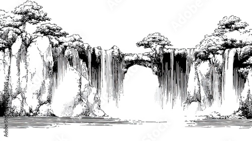 Ink drawing of a waterfall with a stone bridge and landscape elements