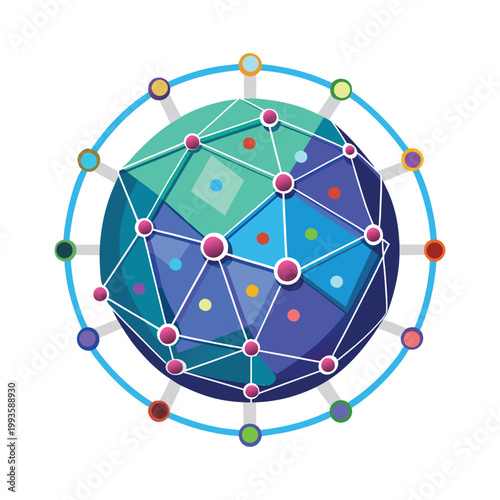 Abstract 3 d globe with network connections and colorful nodes on white background technology
