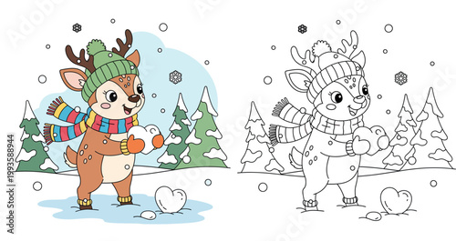 Cute Cartoon Reindeer in Winter Wearing Scarf and Hat Holding a Heart Snowball in the Forest Illustration