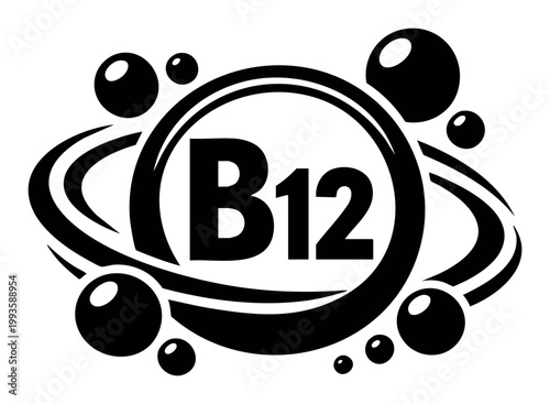B12 vitamin icon with swirling shapes and bubbles. Representing health, energy, nutrition, and essential supplement concepts