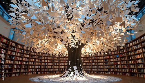 Artistic installation of paper leaves in a modern library creative space indoor inspirational perspective