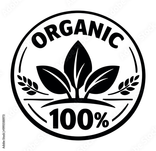 Black and white organic 100% natural product label or emblem expressing bio, eco, and healthy food concepts