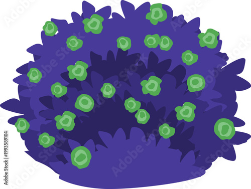 Flowering dark blue bush with green blossoms isolated on transparent background