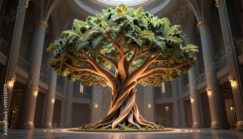 Majestic tree sculpture display grand hall digital art contemporary environment low angle view nature's beauty