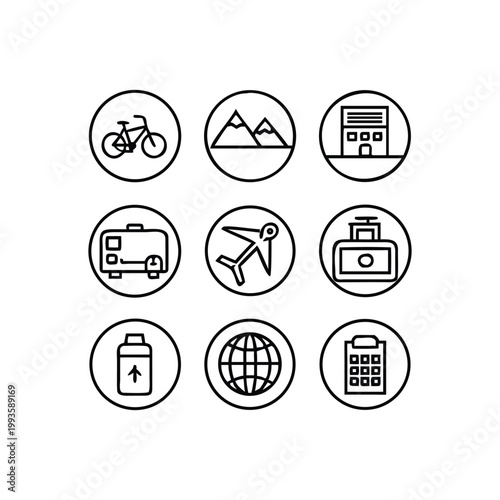Collection of nine travel and transport in black outline on white bicycle mountains hotel