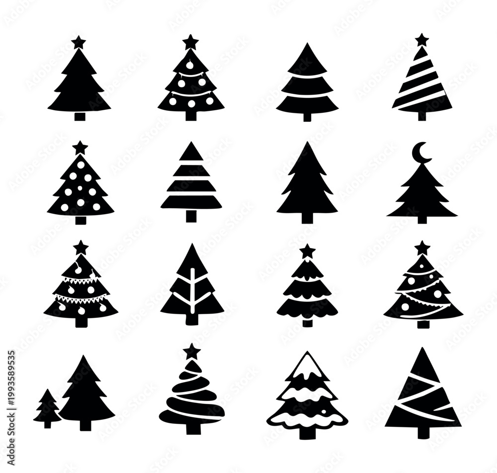 Obraz premium Christmas tree icons set, an isolated collection of various fir and spruce symbols, perfect for winter holiday design element