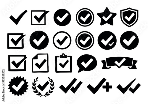 Hand-drawn black check mark symbols and icons representing ideas of approval, achievement, agreement, and finishing tasks