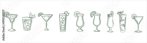 Hand drawn cocktail glass icon set vintage drink illustration. Includes mojito highball margarita martini coupe hurricane pina colada sling goblet and garnished citrus cocktails. Elegant sketch style 