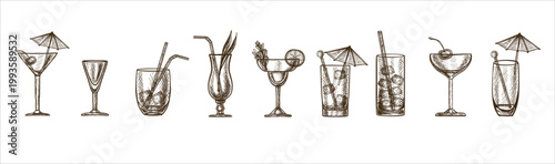 Hand drawn cocktail glass icon set vintage drink illustration. Includes mojito highball margarita martini coupe hurricane pina colada sling goblet and garnished citrus cocktails. Elegant sketch style 