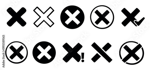 Assortment of various black and white X icons representing rejection, mistakes, negativity, and closing options