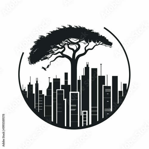 Sustainable city concept with a large tree growing above urban skyline silhouette in a circular frame, representing green development and urban nature.