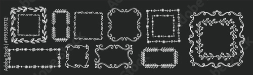 Chalkboard frame set hand drawn border collection. Includes square rectangle scallop wavy dotted dashed sketch frames for menu poster label signage and classroom design. Rustic chalk style vector pack