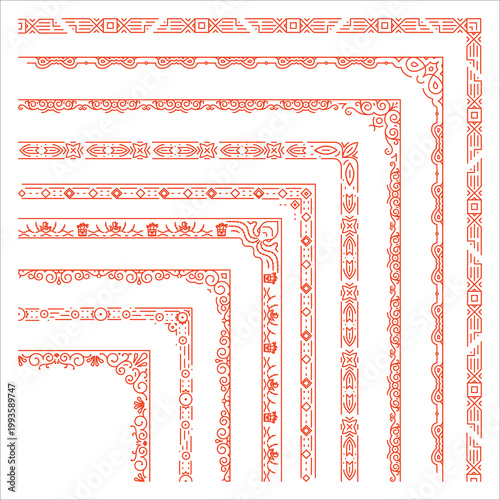 Decorative corner border set geometric ethnic ornament frames. Includes square corner lines maze greek key meander knot zigzag cross tile pattern edges for textile print packaging and web backgrounds.