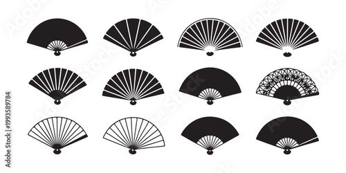 Set of different black folding hand fans and decorative oriental fans on white background.