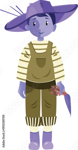 Stylized farm worker character holding radish isolated on transparent background
