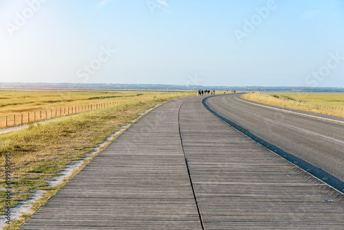 Wooden pathway for pedestrians and cyclists alongside a road through grassy marshland under clear sky in summer. People walking or riding a bicycle on the pathway are visible in distance.