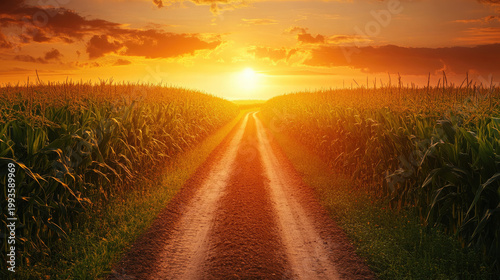 Golden Sunset Over Rural Cornfield Path