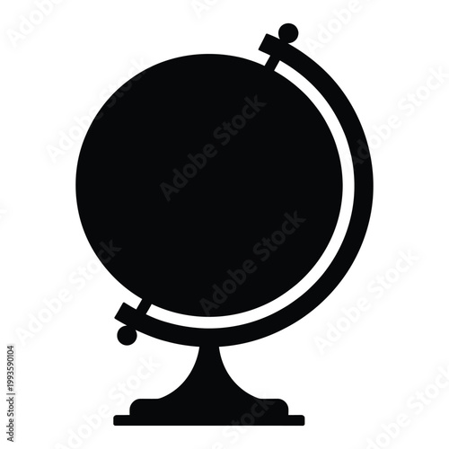 A striking black silhouette of a vintage terrestrial globe with stand and meridian ring silhouette