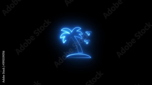 Neon Blue Palm Tree Island Tropical Getaway Vacation Symbol