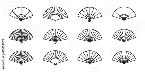 Set of diverse outline folding fans, depicting traditional oriental styles for comfort and decor.