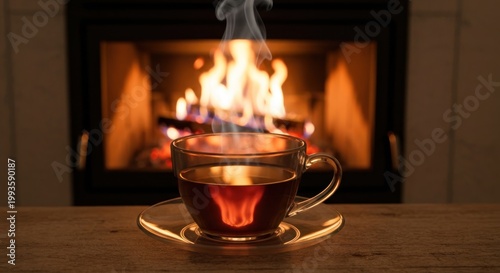 Steaming teacup on saucer in front of a warm, burning fireplace