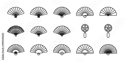 Asian fan vector thin line icon set. traditional oriental and modern electric fan outline logo design.