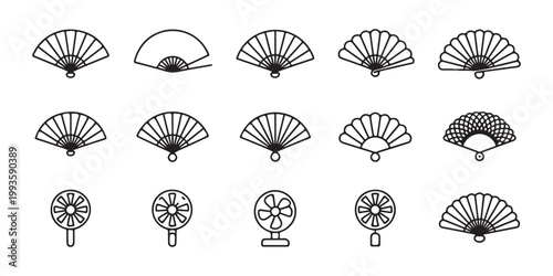 Asian fan vector thin line icon set. traditional oriental and modern electric fan outline logo design.
