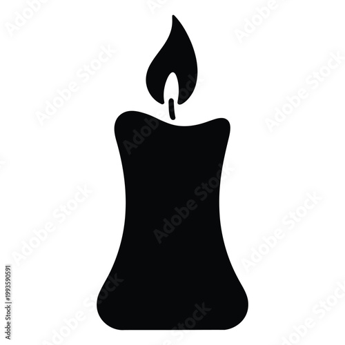 A stark black silhouette of a lit candle with a flickering flame against a white background silhouette