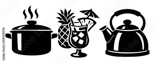 Kitchen and beverage icons showing a steaming pot, a refreshing pineapple cocktail, and a classic tea kettle