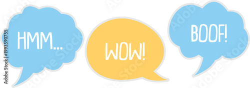 Three speech bubbles with expressions hmm wonder and boo for reactions
