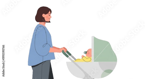 mother with stroller flat illustration, minimal modern design, soft color palette, isolated vector on white background