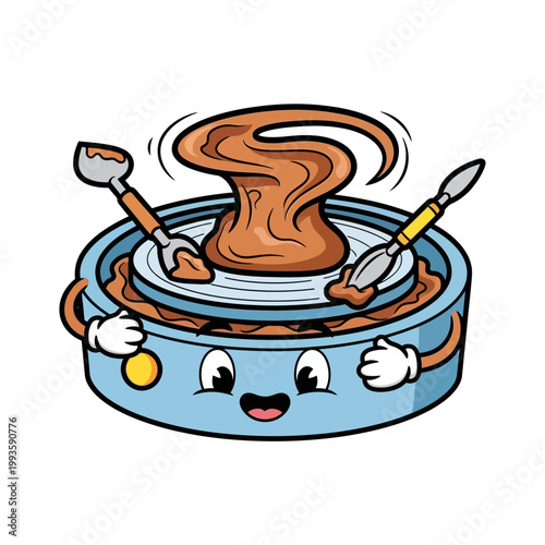 Cartoon pottery wheel with clay and tools.