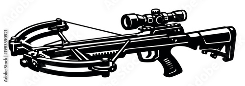 Modern crossbow featuring a mounted scope on a white background, representing weapon, hunting, and survival gear
