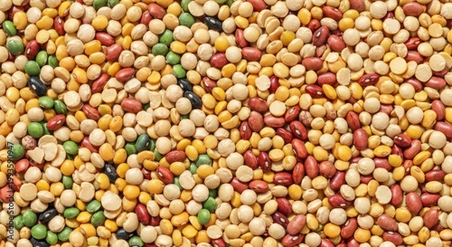 Overhead shot of a colorful assortment of dried beans and legumes