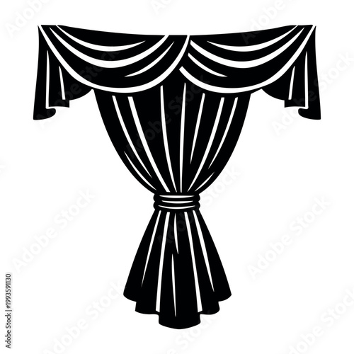 Elegant curtain design with a gathered valance and tied-back drapery, representing classic interior decoration and theater aesthetics