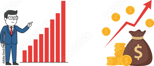 Business growth and financial success concept with rising bar chart, businessman presentation, money bag and coins illustrating profit increase and investment strategy