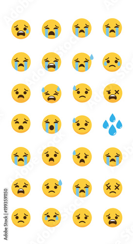 Collection of Sad and Crying Spring Emoticon Faces with Tears and Sweat Drops