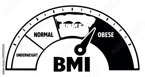BMI meter scale displaying different weight categories like underweight, normal, overweight, and obese, with pointer showing obesity