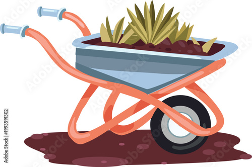 Wheelbarrow with plants and soil isolated on transparent background