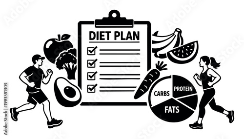People running, surrounded by healthy food choices and a diet plan checklist, emphasizing nutrition and exercise for well-being