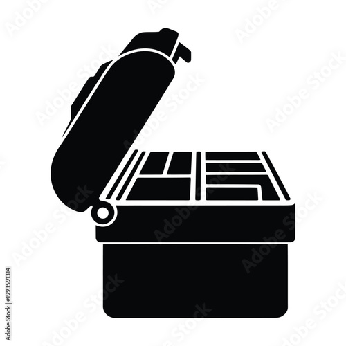 A black silhouette of a lunch box partially open showcasing its interior compartments silhouette