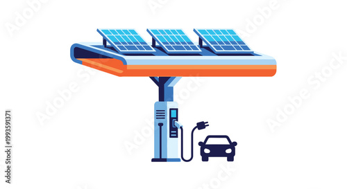 An electric car being charged at a solar powered charging station