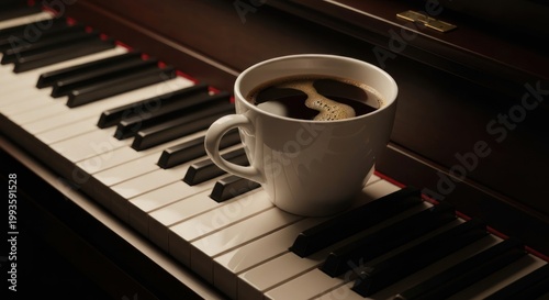 Coffee mug on piano keys, dark tones