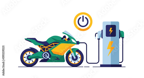 An electric motorcycle being charged at a modern charging station with a power symbol above it