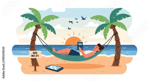 Man relaxing in hammock on tropical beach reading e-reader, enjoying vacation and digital detox