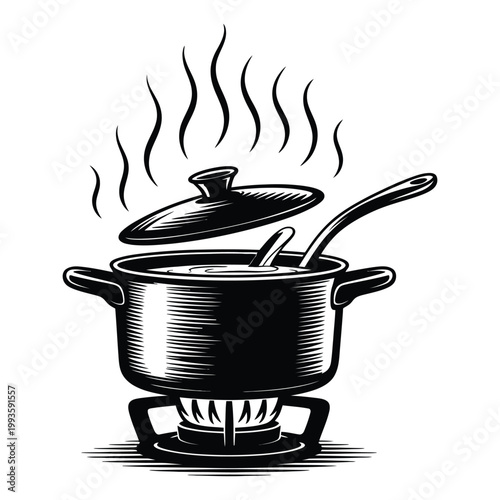 A detailed black and white illustration of a cooking pot with steam presented as a silhouette